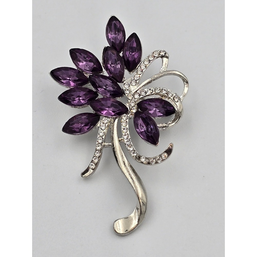 Elegant‎ Purple Marquise Rhinestone Brooch Pin Silver Tone Floral Leaf Design